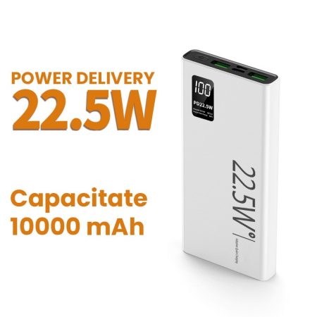 Baterie Externa Powerbank, , Ultra-Subtire cu Ecran Digital, Compatibilitate Universala, TYPE-C si USB x2, 10000 mAh, Power Delivery 22.5W, 144x66x16 mm, Alb [2]