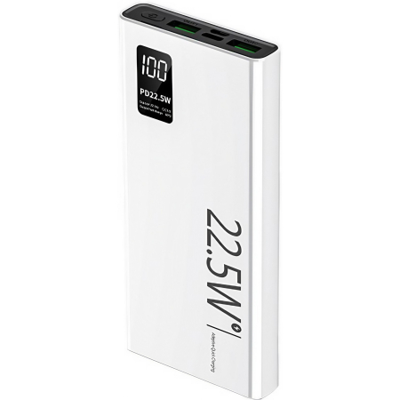 ✨TOATE PRODUSELE✨ - Baterie Externa Powerbank, , Ultra-Subtire cu Ecran Digital, Compatibilitate Universala, TYPE-C si USB x2, 10000 mAh, Power Delivery 22.5W, 144x66x16 mm, Alb