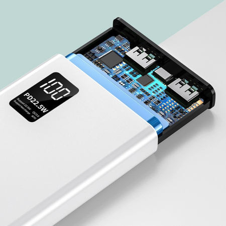 Baterie Externa Powerbank, , Ultra-Subtire cu Ecran Digital, Compatibilitate Universala, TYPE-C si USB x2, 20000 mAh, Power Delivery 22.5W, 144x66x26 mm, Alb [4]