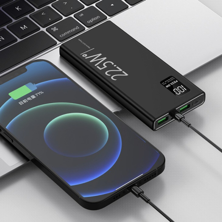 Baterie Externa Powerbank, , Ultra-Subtire cu Ecran Digital, Compatibilitate Universala, TYPE-C si USB x2, 20000 mAh, Power Delivery 22.5W, 144x66x26 mm, Negru [4]