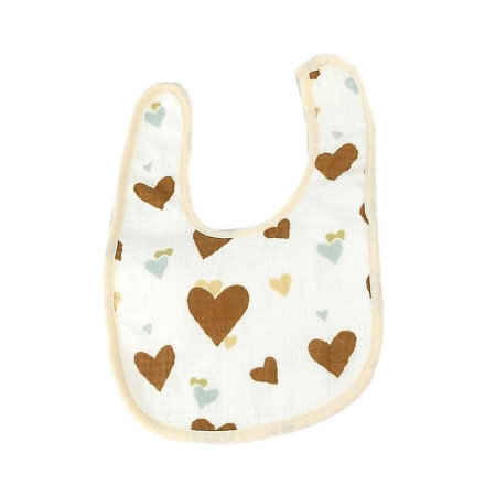 ✨TOATE PRODUSELE✨ - Baveta in Forma de U, , din Bumbac, pentru Copii 0-12 Luni, Rezistenta la Apa, cu Capse, Model cu Inimioare, 21x30 cm, Bej