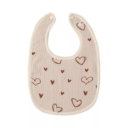 Articole Diverse copii - Baveta in Forma de U, , din Bumbac, pentru Copii 0-12 Luni, Rezistenta la Apa, cu Capse, Model cu Inimoare, 21x30 cm, Bej