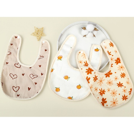 Baveta in Forma de U, , din Bumbac, pentru Copii 0-12 Luni, Rezistenta la Apa, cu Capse, Model cu Inimoare, 21x30 cm, Bej [2]