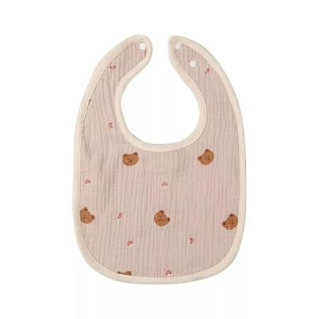 Articole Diverse copii - Baveta in Forma de U, , din Bumbac, pentru Copii 0-12 Luni, Rezistenta la Apa, cu Capse, Model cu Ursuleti, 21x30 cm, Bej