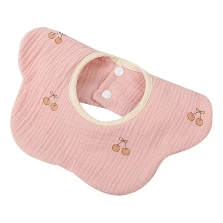 Articole Diverse copii - Baveta Tip Floare, , din Bumbac, pentru Copii 0-12 Luni, Rezistenta la apa, cu Capse, Model cu Cirese, 26 x 29 cm, Roz