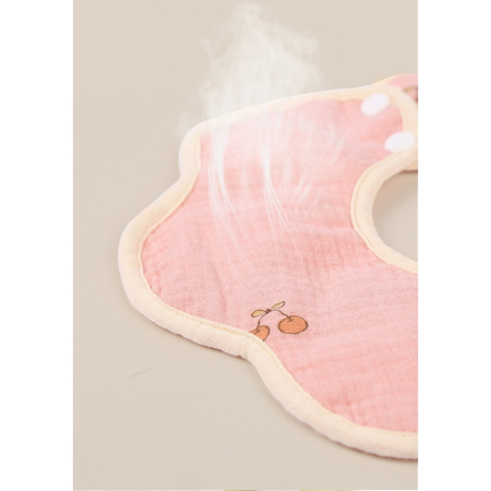 Baveta Tip Floare, , din Bumbac, pentru Copii 0-12 Luni, Rezistenta la apa, cu Capse, Model cu Cirese, 26 x 29 cm, Roz [1]