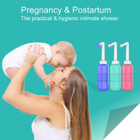 Bideu Portabil pentru Igiena Intima, , pentru Postpartum/ Postoperator, 450 mL, cu Capac si Husa Galbena, 29.5x7 cm, Culoare Recipient Roz [9]