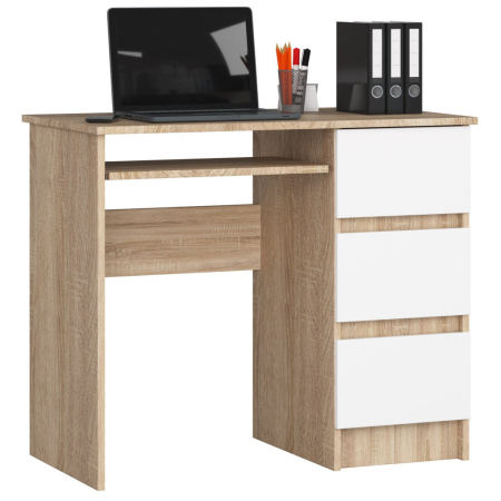 MOBILIER - Birou computer cu 3 sertare si raft pentru tastatura, dreapta, 90x50x77 cm, stejar sonoma si alb