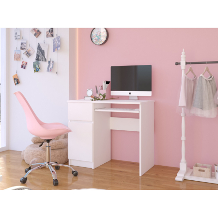 Birou computer PIKSEL, cu sertar, dulap si raft pentru tastatura, stanga, 90x50x77 cm, alb [4]