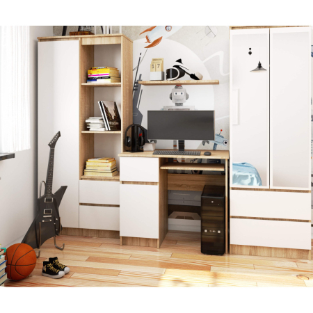 Birou computer PIKSEL, cu sertar, dulap si raft pentru tastatura, stanga, 90x50x77 cm, stejar sonoma si alb [4]