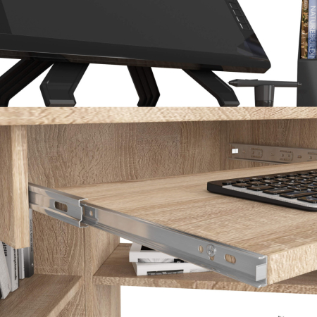 Birou de colt TED, cu rafturi si polita glisanta pentru tastatura, 80x80x74 cm, stejar sonoma [5]