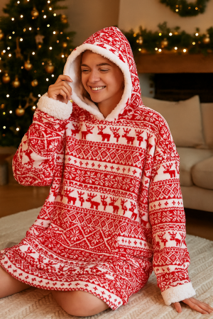 Bluza pentru adulti cu design scandinav de Craciun, oversize, 85x118 cm, rosu [5]