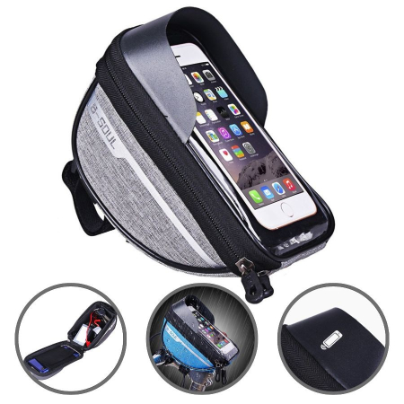 Borseta bicicleta impermeabila cu husa pentru telefon , montare pe ghidon, compatibila cu telefoane de pana la 16 cm, spatiu depozitare, 18.5x9.5 cm, gri [1]