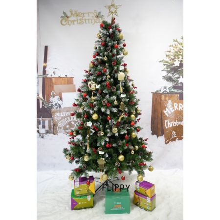 Brad artificial de Craciun nins, decorat cu conuri pin rosii, inaltime 180 cm, diametru 95 cm, 319 ramuri, , verde, suport metalic inclus [4]