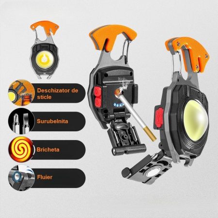 Breloc Multifunctional, , Model W5147, Kit Supravietuire, Lanterna, Bricheta, Fluier, din ABS/Aluminiu, Alimentare USB, Negru/Portocaliu [14]