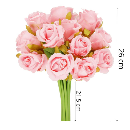 Buchet de flori artificiale din poliester, 12 fire trandafiri, 26cm, roz [8]