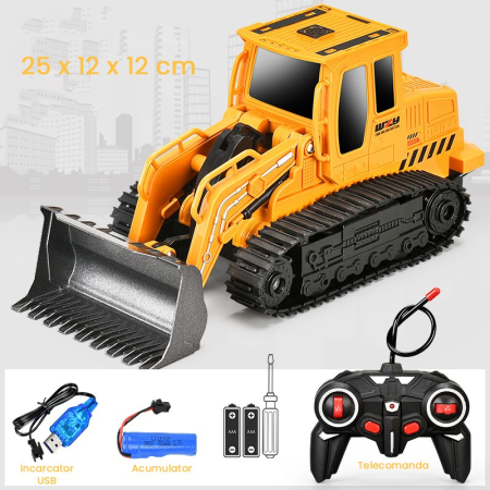 Buldozer cu Senile Jucarie pentru Copii, , Jucarie Buldozer cu Telecomanda, Jucarie de Constructie, Acumulator cu Incarcare USB, 25 x 12 x 12 cm, Galben [1]