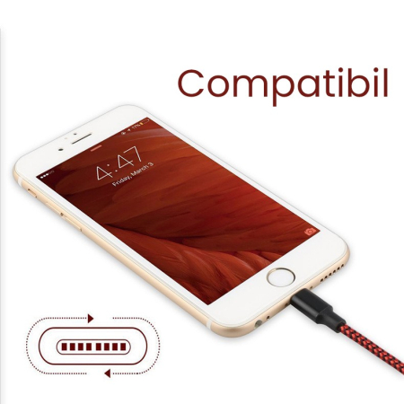 Cablu de Date pentru Telefon, , Cablu USB spre Lightning Compatibil cu iPhone, Lungime 1 M, Impletit Triunghiular in 2 culori, Rosu Negru [2]