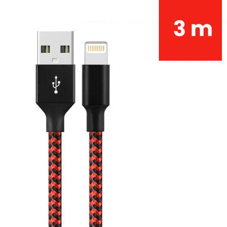 Cablu de Date pentru Telefon, , Cablu USB spre Lightning Compatibil cu iPhone, Lungime 3 M, Impletit Triunghiular in 2 culori, Rosu Negru [1]
