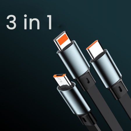 Cablu Retractabil 3in 1 pentru Telefon, , Cablu de incarcare rapida 100W, stil Mecha, potrivit pentru Auto, Universal 1.2M, Negru [2]