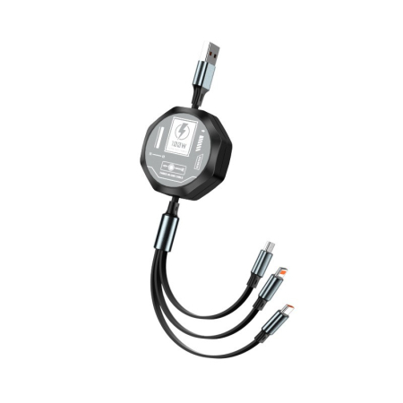 Cablu Retractabil 3in 1 pentru Telefon, , Cablu de incarcare rapida 100W, stil Mecha, potrivit pentru Auto, Universal 1.2M, Negru [0]