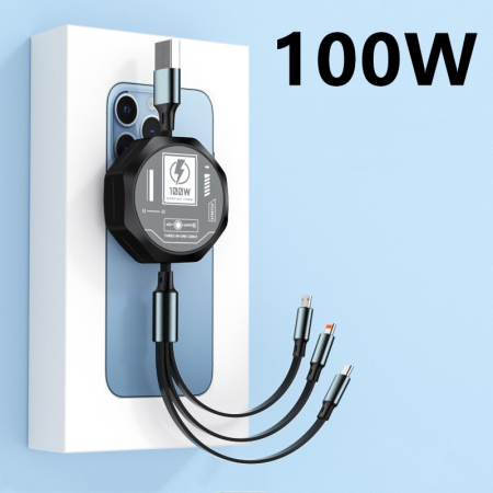 Cablu Retractabil 3in 1 pentru Telefon, , Cablu de incarcare rapida 100W, stil Mecha, potrivit pentru Auto, Universal 1.2M, Negru [4]