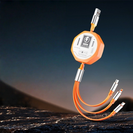 Cablu Retractabil 3in 1 pentru Telefon, , Cablu de incarcare rapida 100W, stil Mecha, potrivit pentru Auto, Universal 1.2M, Portocaliu [1]