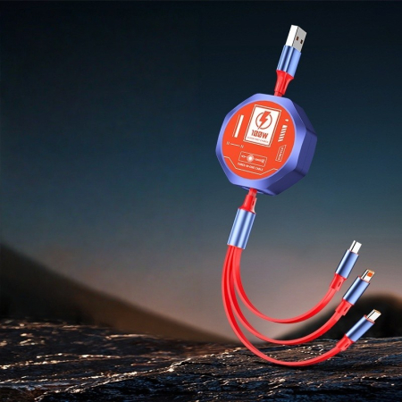 Cablu Retractabil 3in 1 pentru Telefon, , Cablu de incarcare rapida 100W, stil Mecha, potrivit pentru Auto, Universal 1.2M, Rosu Albastru [1]