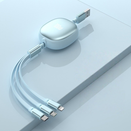 Cablu Retractabil Universal pentru Telefon, , Universal 3in1 pentru Orice Tip de Telefon, Micro-USB, Lightning, TYPE-C, 1.2M, Albastru deschis [1]