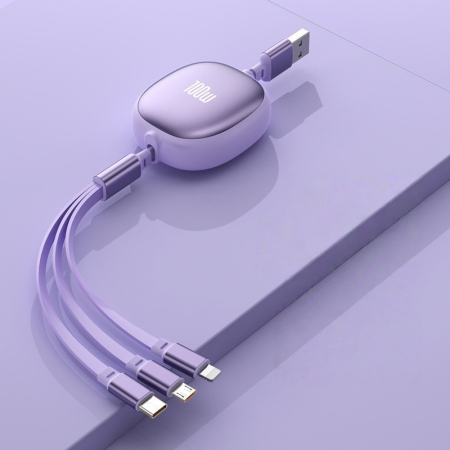 Cablu Retractabil Universal pentru Telefon, , Universal 3in1 pentru Orice Tip de Telefon, Micro-USB, Lightning, TYPE-C, 1.2M, Mov [1]