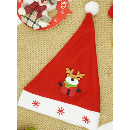 Caciulita de Mos Craciun, ,cu model de Ren si ornament fulg de nea, rosie, marime universala, material textil [1]