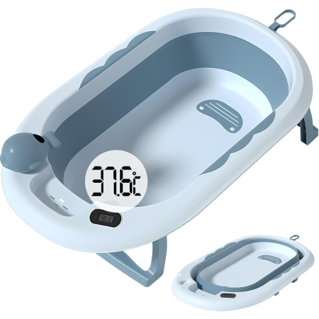 Articole pentru baie - Cada de Baie, , pentru Copii 0 luni - 6 Ani, cu Termometru, Pliabila, Perna Suport Inclusa, din Plastic, 81.5 x 49 x 21.5 cm, Albastru