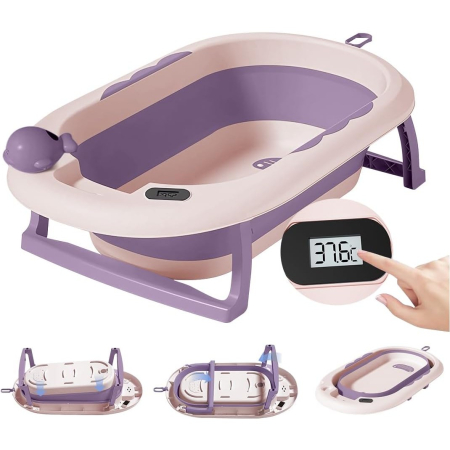 Cada de Baie, , pentru Copii 0 luni - 6 Ani, cu Termometru, Pliabila, Perna Suport Inclusa, din Plastic, 81.5 x 49 x 21.5 cm, Mov [3]