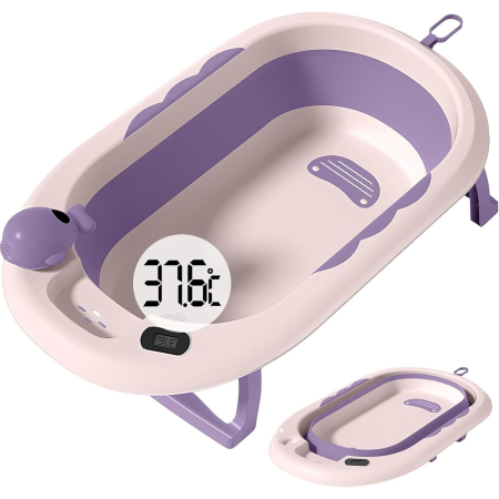 Articole pentru baie - Cada de Baie, , pentru Copii 0 luni - 6 Ani, cu Termometru, Pliabila, Perna Suport Inclusa, din Plastic, 81.5 x 49 x 21.5 cm, Mov