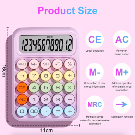 Calculator Electronic pentru Copii, , Calculator Dragut pentru Scoala Primara, Ecran mare 12 digits si Tastatura Mecania, 16 x 11 x 2 cm, Roz [2]
