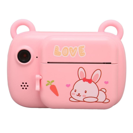 ✨TOATE PRODUSELE✨ - Camera Instantanee pentru Copii, , Camera Frontala + Selfie, cu Functie de Printare, Cablu USB-C, Bluetooth, Compatibil iOS/Android, Imprimare APP, Model Iepure Love, Roz