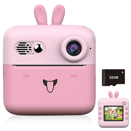 Camera Instantanee pentru Copii, , cu Functie de Printare, Cablu USB-C, Bluetooth, Compatibil iOS/Android, Imprimare APP, Model Iepure, Snur de Agatat Inclus, Roz [2]