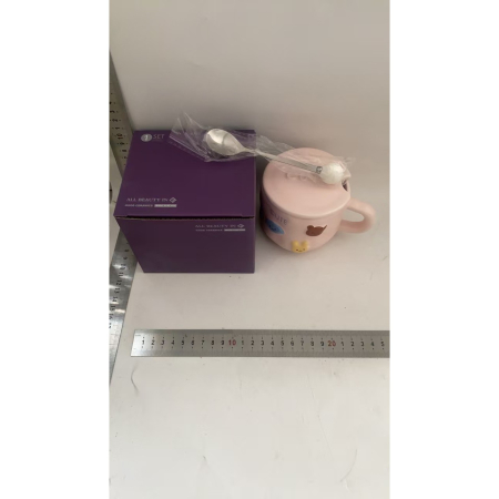 Cana ceramica, , din Portelan, print Figurine Animalute, Cana penru Copii, Model CUTE, Cana cu Lingura si Capac, Ceasca pentru Cafea, Ceai, 400ml Roz [1]