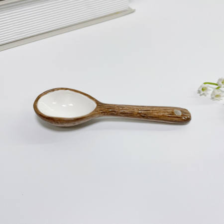 Cana din Ceramica, , 201-300 ml, cu Lingurita, Model Nuca de Cocos, Maro [3]