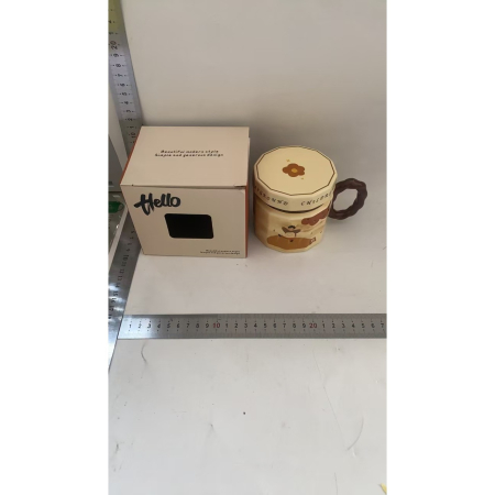 Cana din ceramica, , Cana pentru Cafea, Ceai, Cana Universala, Unisex, Cana cu Capac, 9 x 8 x 8 cm, 400 ml, Model Baietel Bej [2]