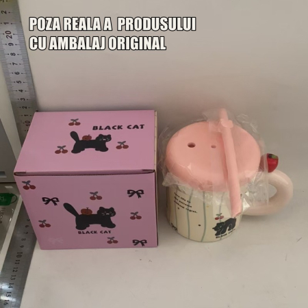 Cana din Ceramica cu Capac si Pai, , Capacul si Paiul din Silicon Roz, 9x8.5 cm, Model Cute A, Capacitate 380ml [4]