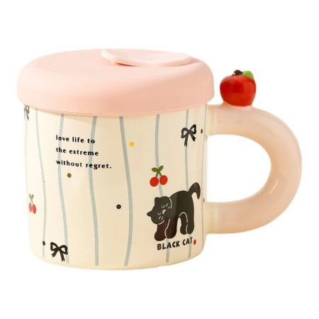 Veselă pentru Masă - Cana din Ceramica cu Capac si Pai, , Capacul si Paiul din Silicon Roz, 9x8.5 cm, Model Cute A, Capacitate 380ml