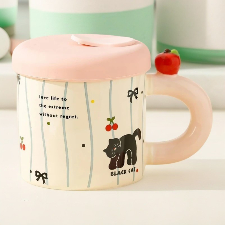 Cana din Ceramica cu Capac si Pai, , Capacul si Paiul din Silicon Roz, 9x8.5 cm, Model Cute A, Capacitate 380ml [1]