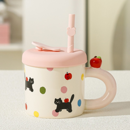 Cana din Ceramica cu Capac si Pai, , Capacul si Paiul din Silicon Roz, 9x8.5 cm, Model Cute B, Capacitate 380ml [1]