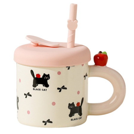 Veselă pentru Masă - Cana din Ceramica cu Capac si Pai, , Capacul si Paiul din Silicon Roz, 9x8.5 cm, Model Cute C, Capacitate 380ml