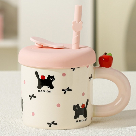 Cana din Ceramica cu Capac si Pai, , Capacul si Paiul din Silicon Roz, 9x8.5 cm, Model Cute C, Capacitate 380ml [2]