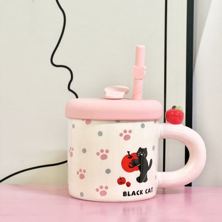 Cana din Ceramica cu Capac si Pai, , Capacul si Paiul din Silicon Roz, 9x8.5 cm, Model Cute D, Capacitate 380ml [4]