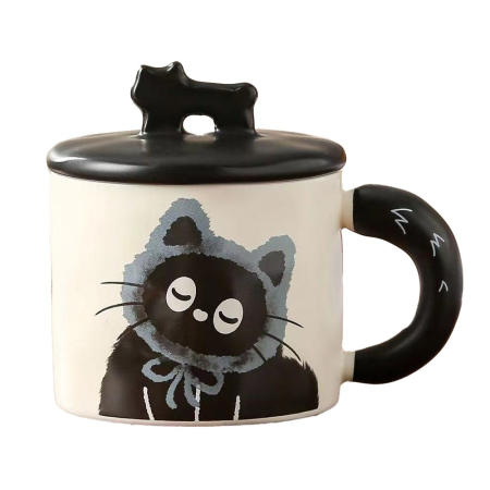 Cana din Ceramica, , Model in Cutie pentru Cadou, Cana pentru Ceai, Cafea, Cana Retro Design Capac cu Figurina 3D, 9.5 x 8 x 8 cm, 360 ml, Bej, Print Pisica Albastru Negru [0]