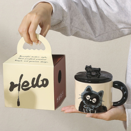 Cana din Ceramica, , Model in Cutie pentru Cadou, Cana pentru Ceai, Cafea, Cana Retro Design Capac cu Figurina 3D, 9.5 x 8 x 8 cm, 360 ml, Bej, Print Pisica Albastru Negru [2]