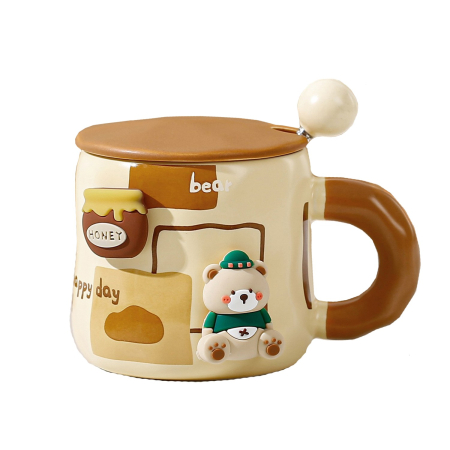 Veselă pentru Masă - Cana din Ceramica, , Model Urs pentru Baieti, Cana Universala, Cana pentru Ceai, Cana cu Lingura Metalica si Capac, 9.6 x 9.5 x 9.5 cm, 400 ml Bej